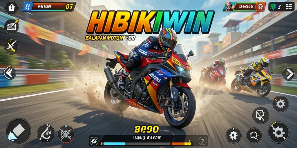Screenshot HIBIKIWIN yang menampilkan balapan motor mendebarkan di lintasan.