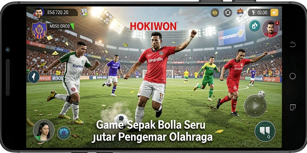 Screenshot HOKIWON menampilkan momen seru di lapangan sepak bola.