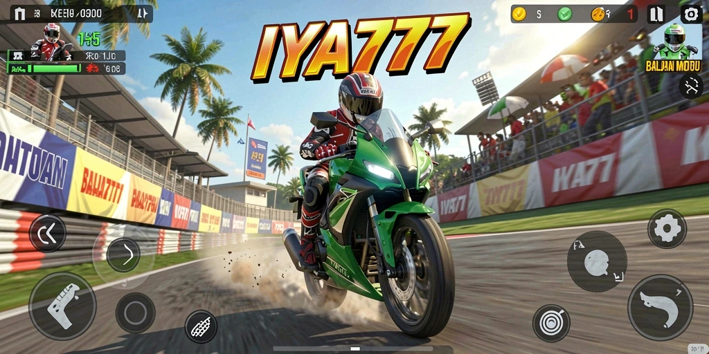 Screenshot utama IYA777 menampilkan aksi balapan motor yang seru.