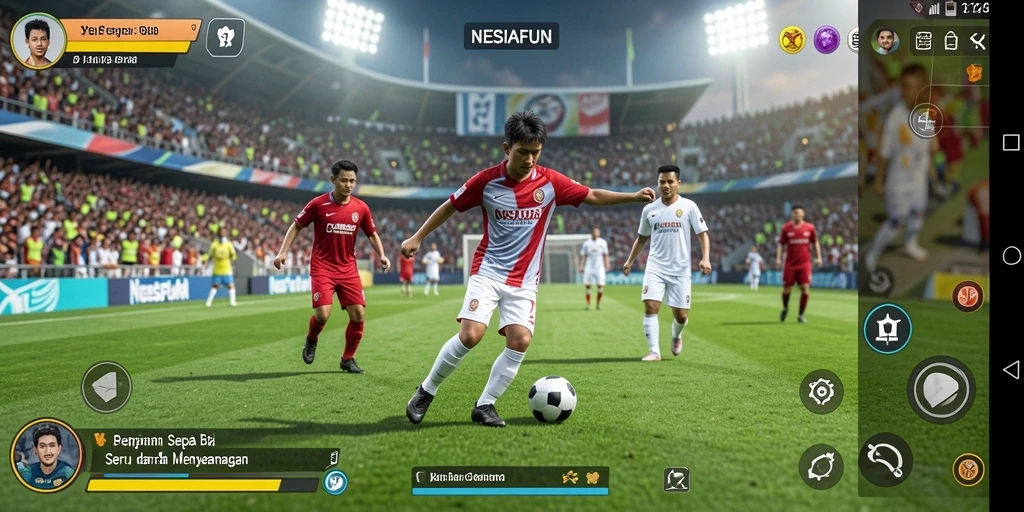 Tangkapan layar gameplay NESIAFUN menunjukkan aksi seru di lapangan sepak bola.